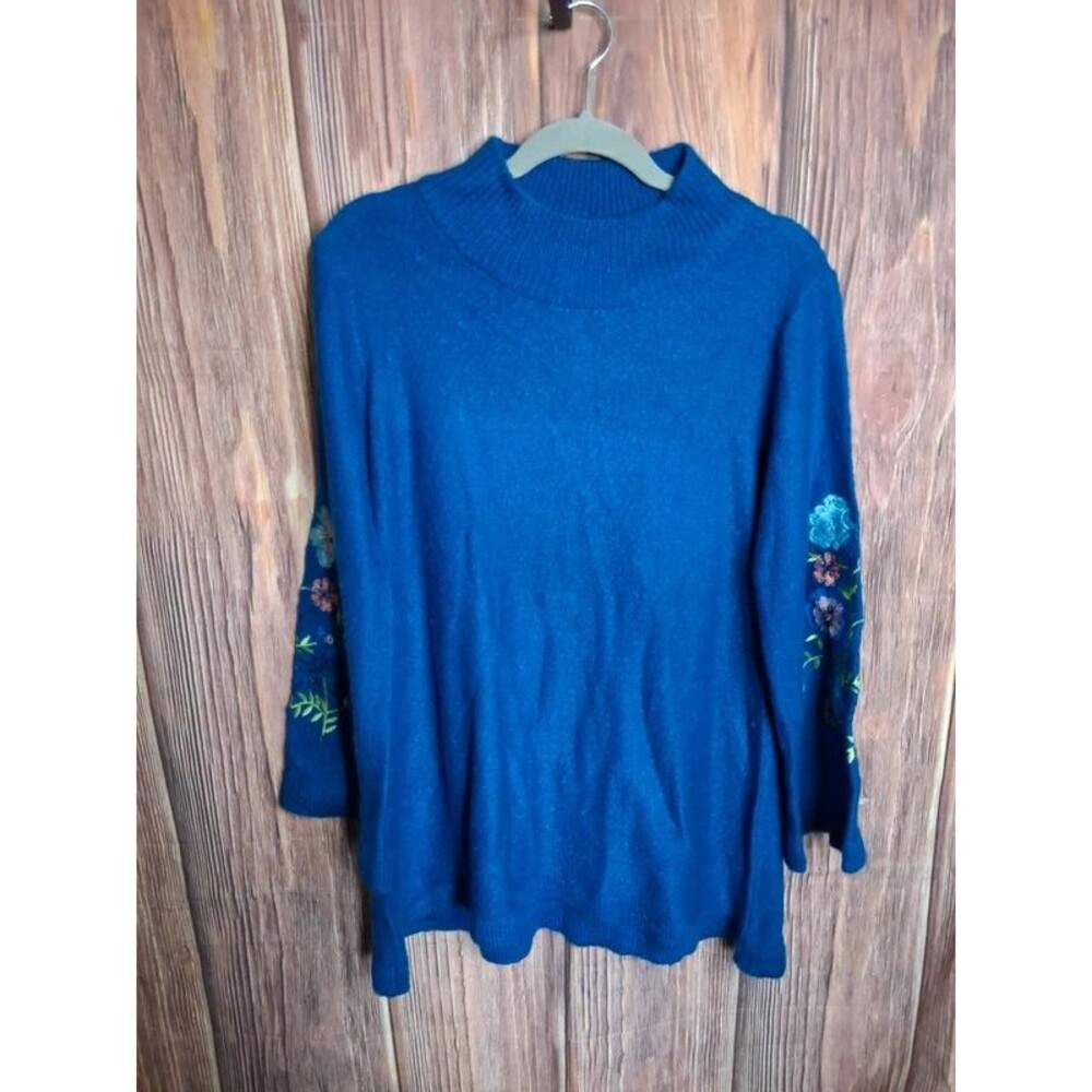 Salon Studio Royal Blue Floral Embroidered Sleeve Mock Neck Sweater Size Small